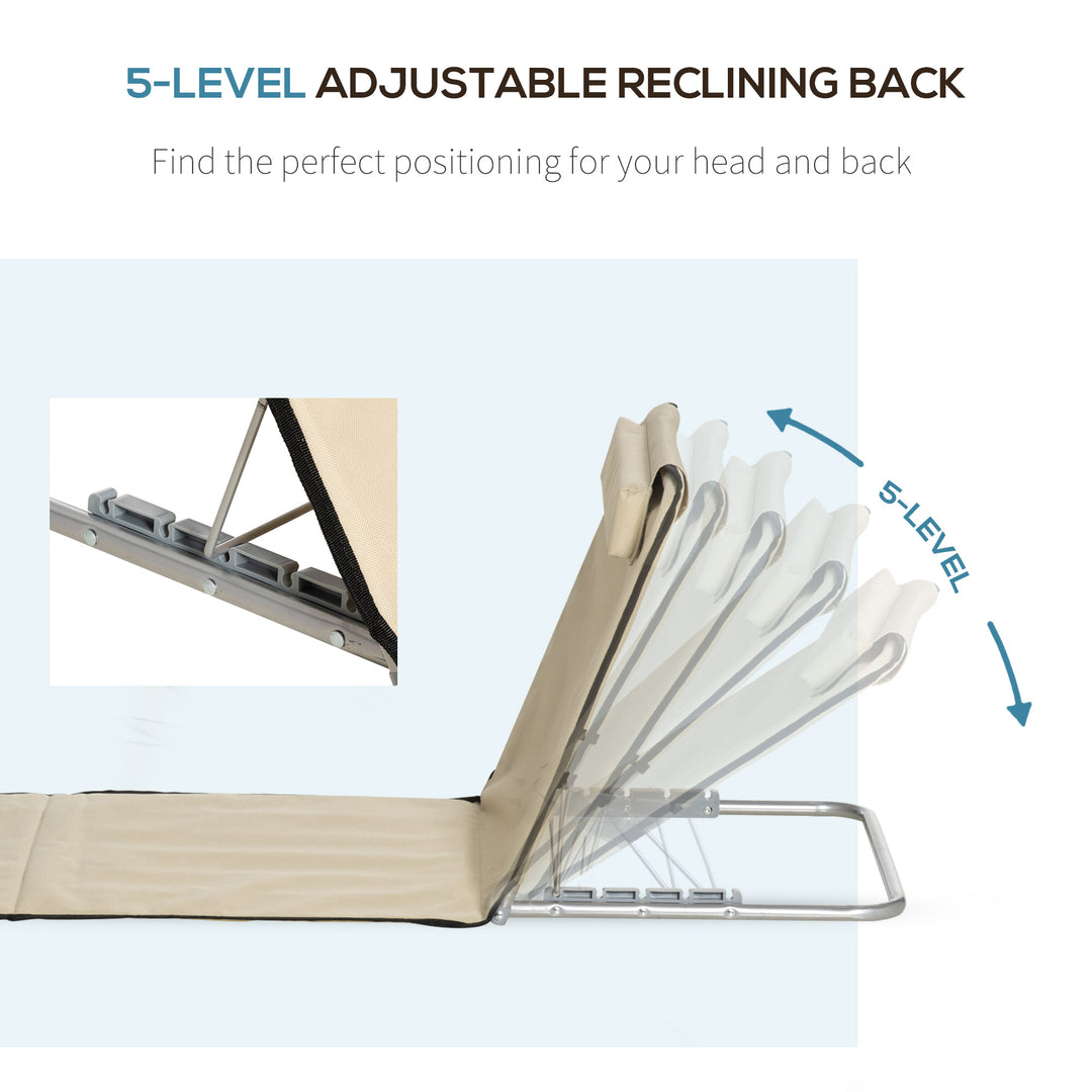 MCL Set of 2 Foldable Garden Beach Chair Mat Lightweight Outdoor Sun Lounger Seats Adjustable Back Metal Frame PE Fabric Head Pillow w/ Carry Bag, Beige