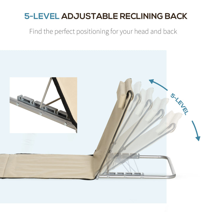 MCL Set of 2 Foldable Garden Beach Chair Mat Lightweight Outdoor Sun Lounger Seats Adjustable Back Metal Frame PE Fabric Head Pillow w/ Carry Bag, Beige