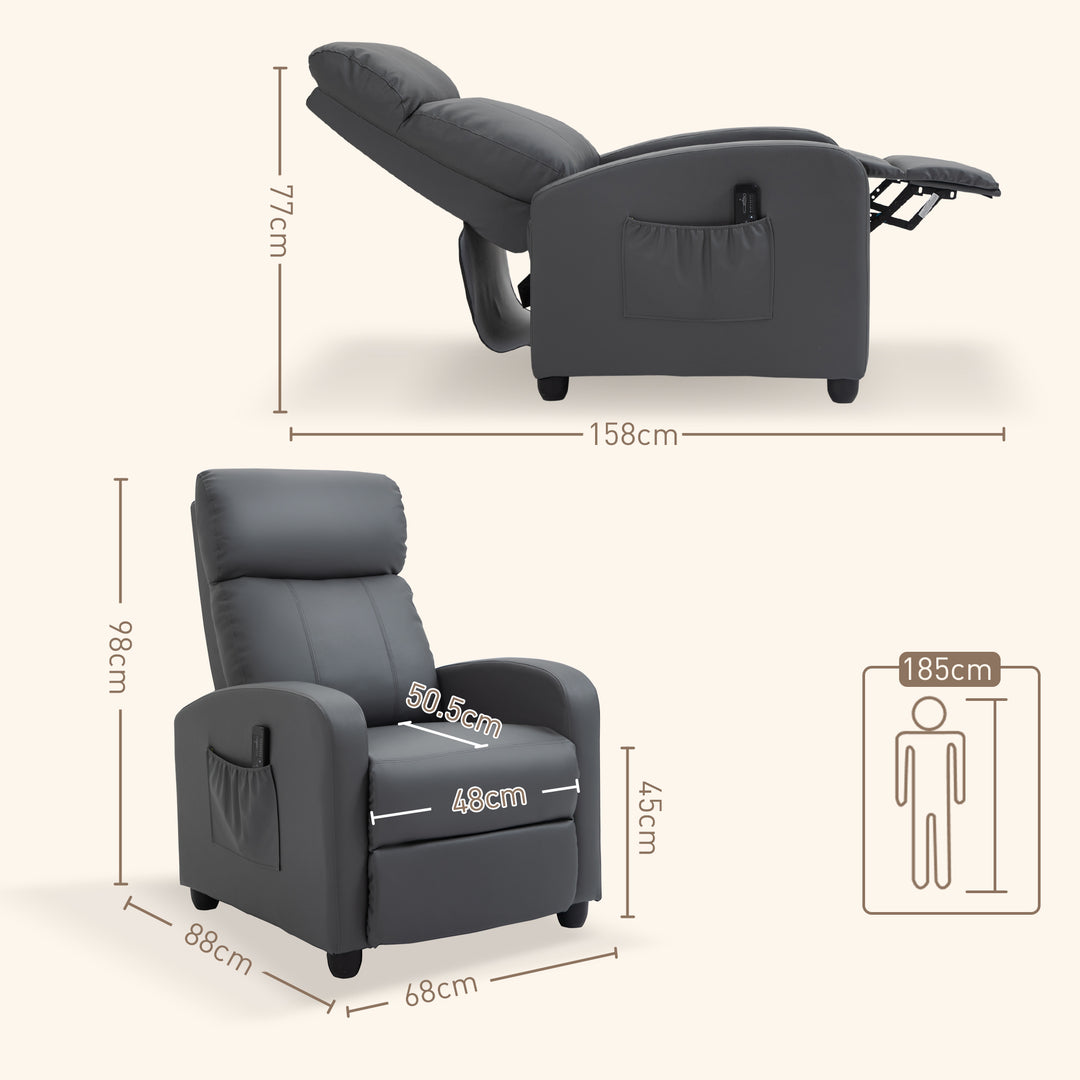 MCL Recliner Armchair, Massage Faux Leather Push Back Reclining Chair with Adjustable Leg Rest, Side Pocket, for Home Living Room Theatre, Grey