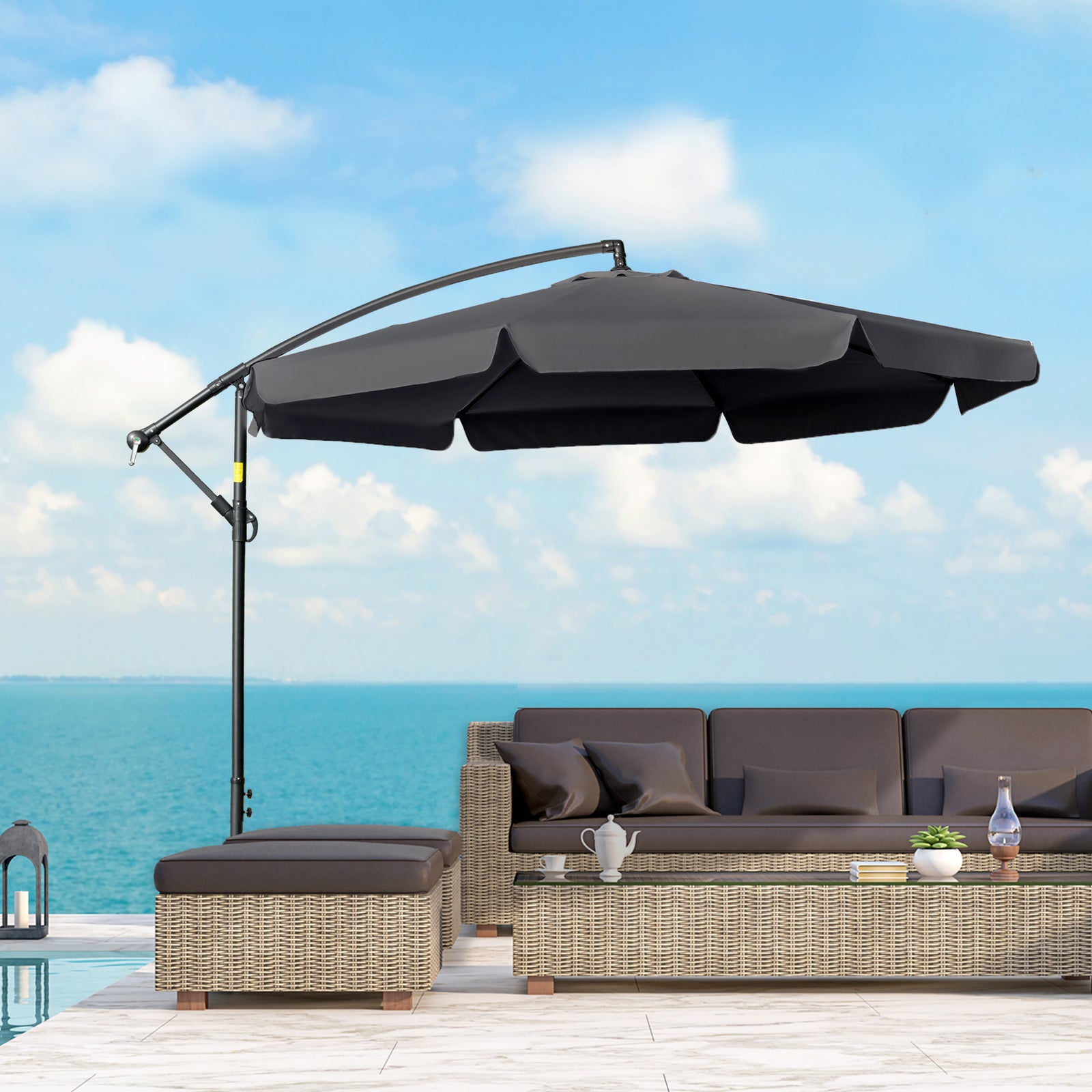 2.7m Garden Banana Parasol Cantilever Umbrella with Crank Handle and Cross Base for Outdoor, Hanging Sun Shade, Black