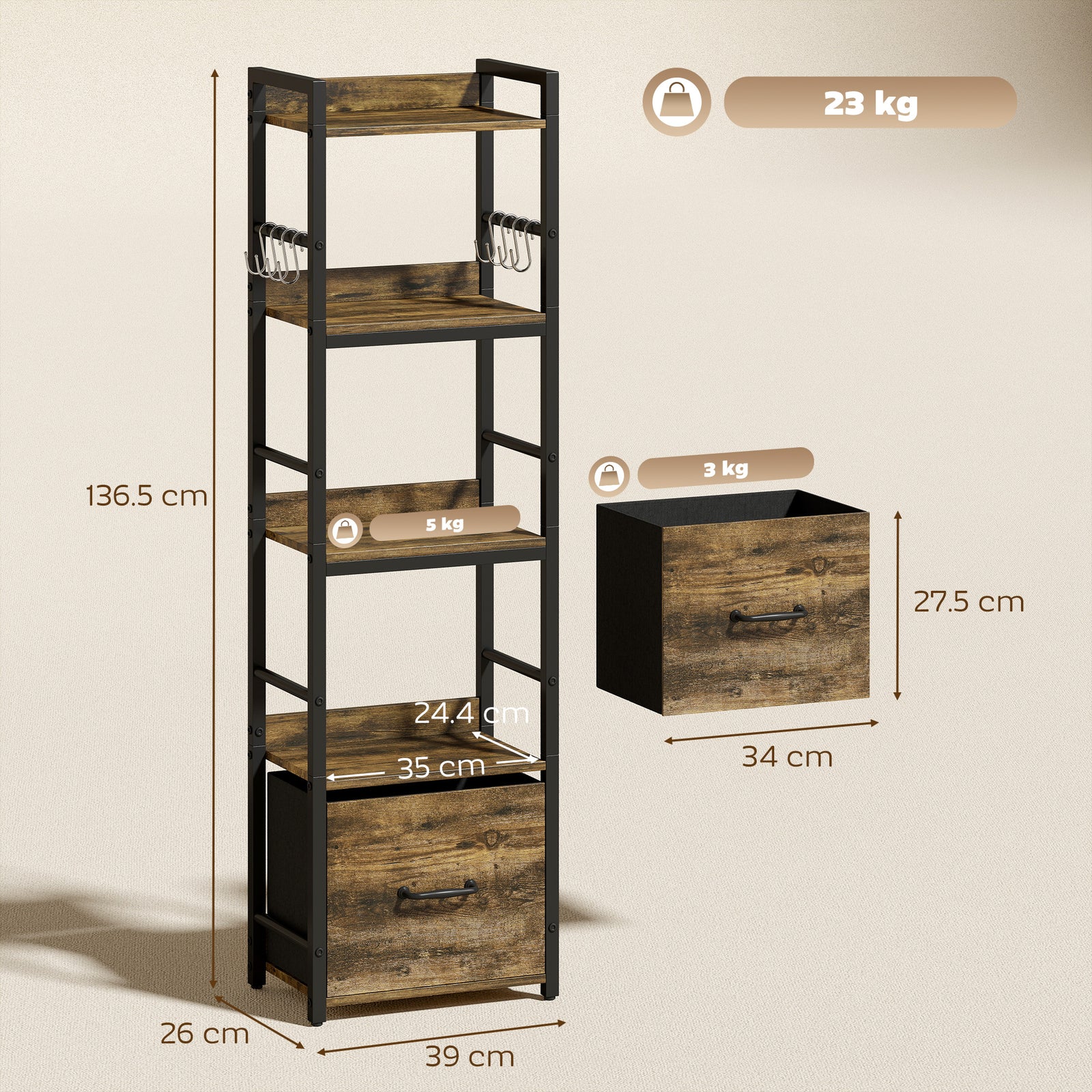4-Tier Bookshelf, Narrow Bookcase with Drawer, 8 Hooks, Metal Frame, R