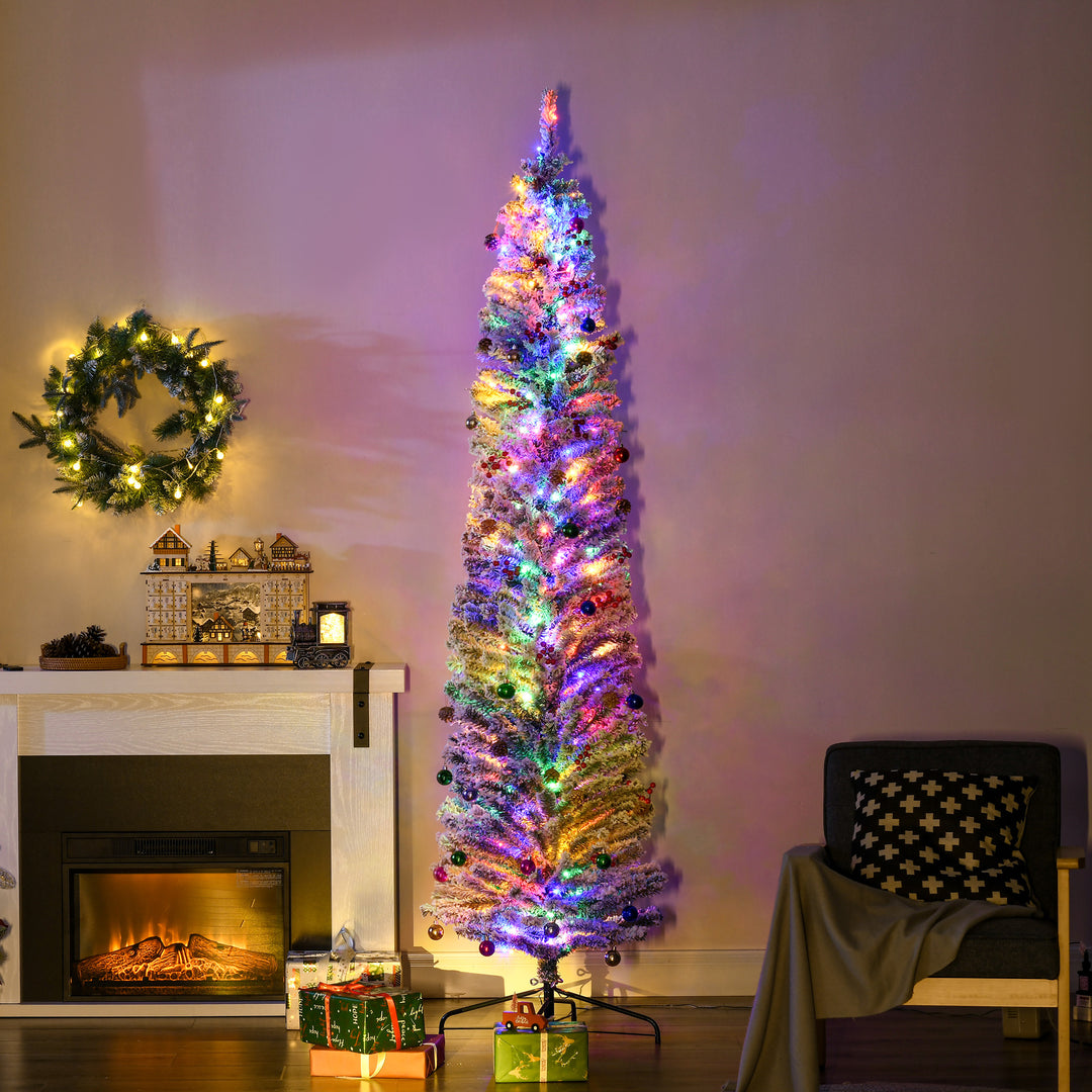 7.5' Artificial Prelit Christmas Trees Holiday Décor with Colourful LED Lights, Flocked Tips, Berry, Pine Cone