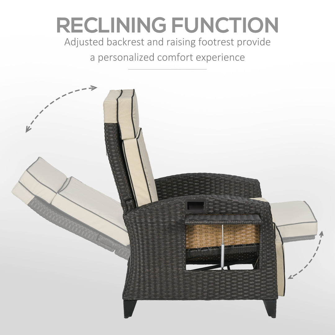 Outdoor Recliner Chair with Adjustable Backrest and Footrest, Cushion, Side Tray, Khaki/Brown