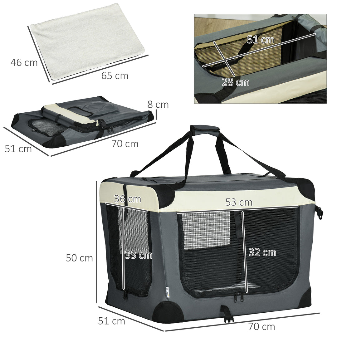 70cm Foldable Pet Carrier, with Cushion, for Small Dogs and Cats - Grey
