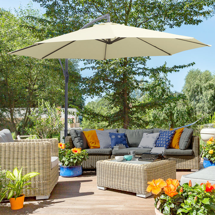 Outsunny Cantilever Parasol: 3m Patio Banana Hanging Umbrella, Crank & Tilt, 8 Ribs, Cross Base, Creamy White | Aosom UK