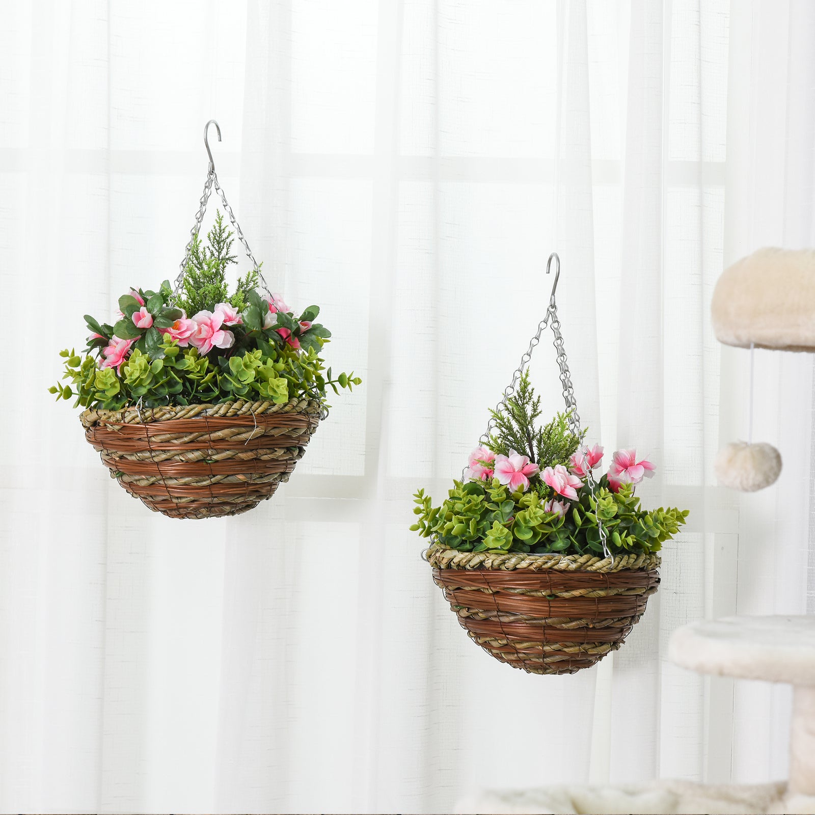 Set of Two Hanging Lisianthus Flower Pots - Pink/Green