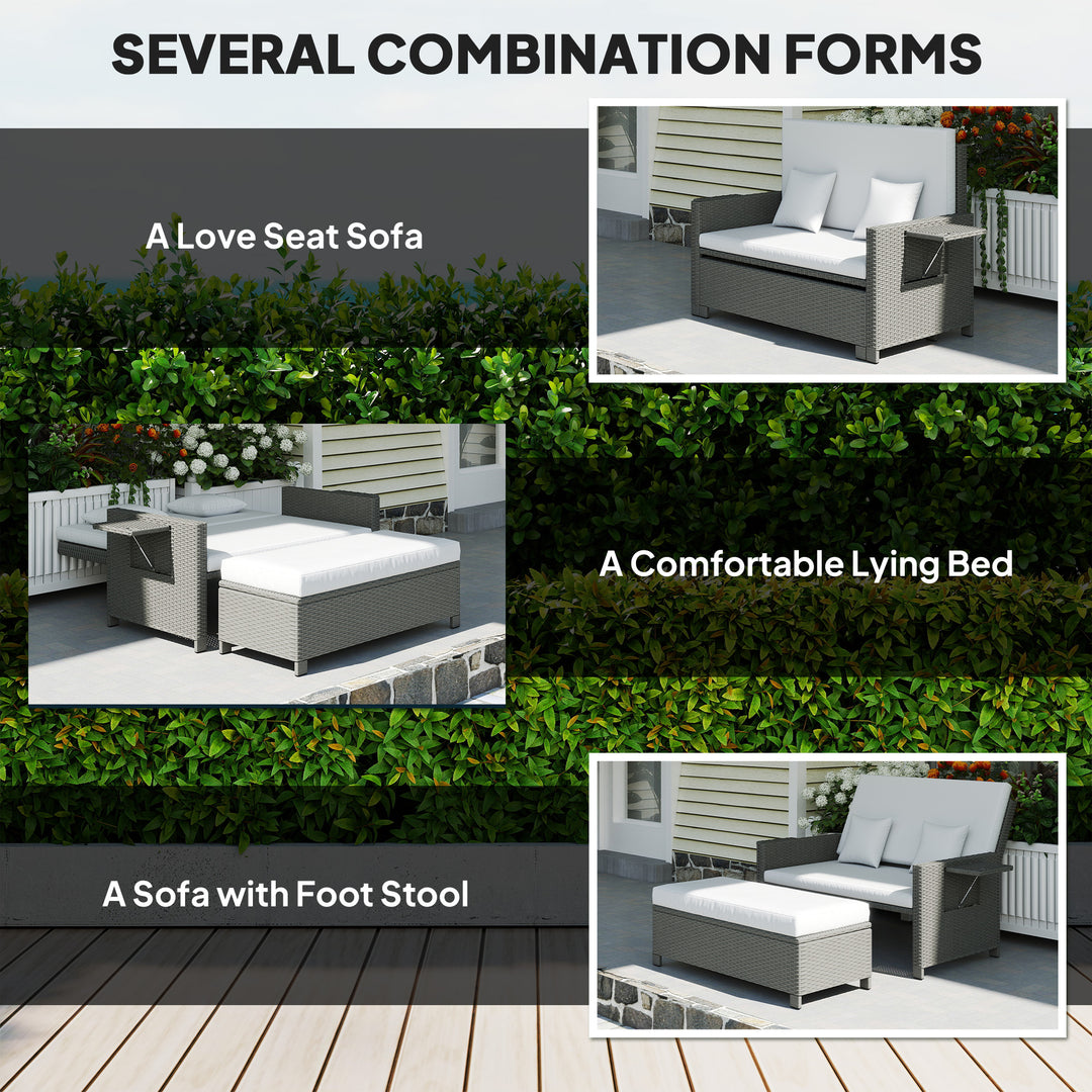 Rattan Day Bed, with Footstool - Light Grey
