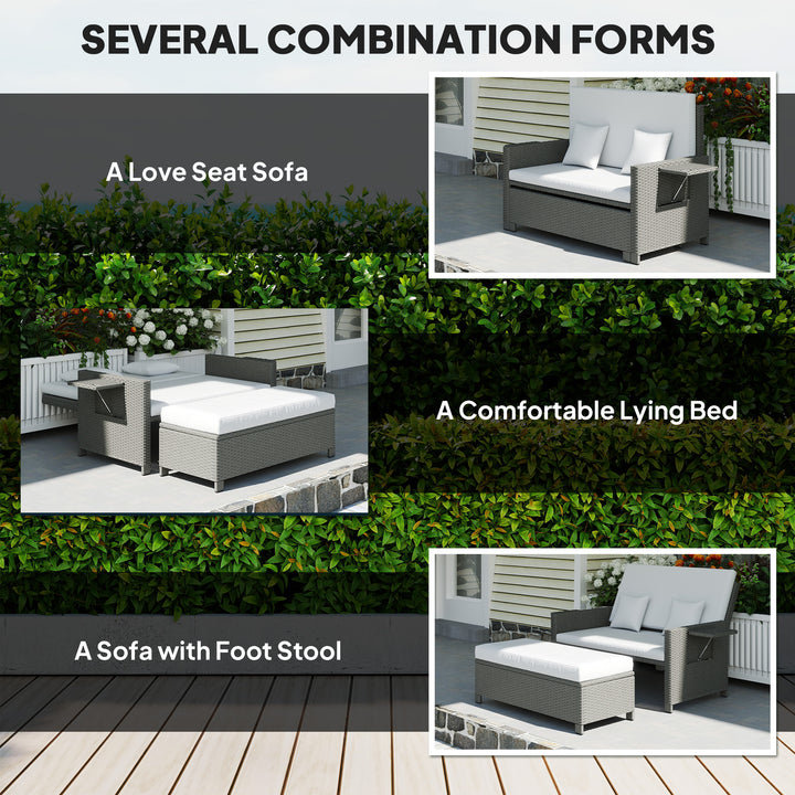 Rattan Day Bed, with Footstool - Light Grey