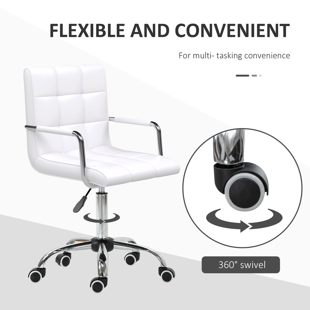 Office Chair, Makeup Vanity Chair, Mid Back Computer Chair, PU Leather Swivel Study Chair with Adjustable Height, Armrest and Rolling Wheels, White