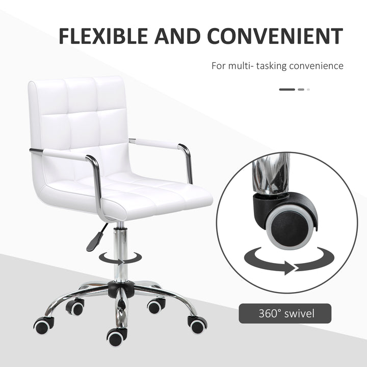 Office Chair, Makeup Vanity Chair, Mid Back Computer Chair, PU Leather Swivel Study Chair with Adjustable Height, Armrest and Rolling Wheels, White