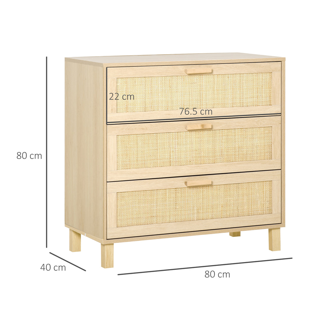 Rattan Bedroom Chest of Drawers, 3 Drawers Storage Unit, Boho Dresser for Living Room, Hallway, Natural