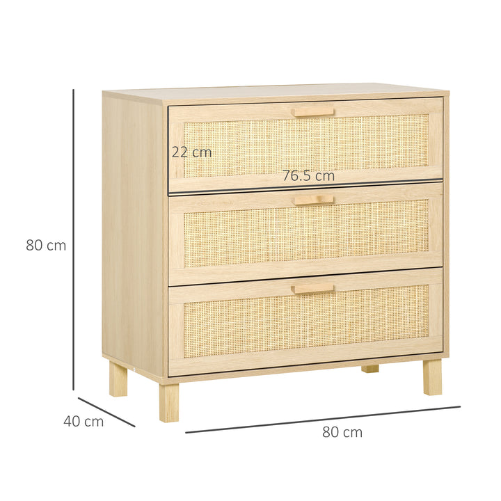 Rattan Bedroom Chest of Drawers, 3 Drawers Storage Unit, Boho Dresser for Living Room, Hallway, Natural