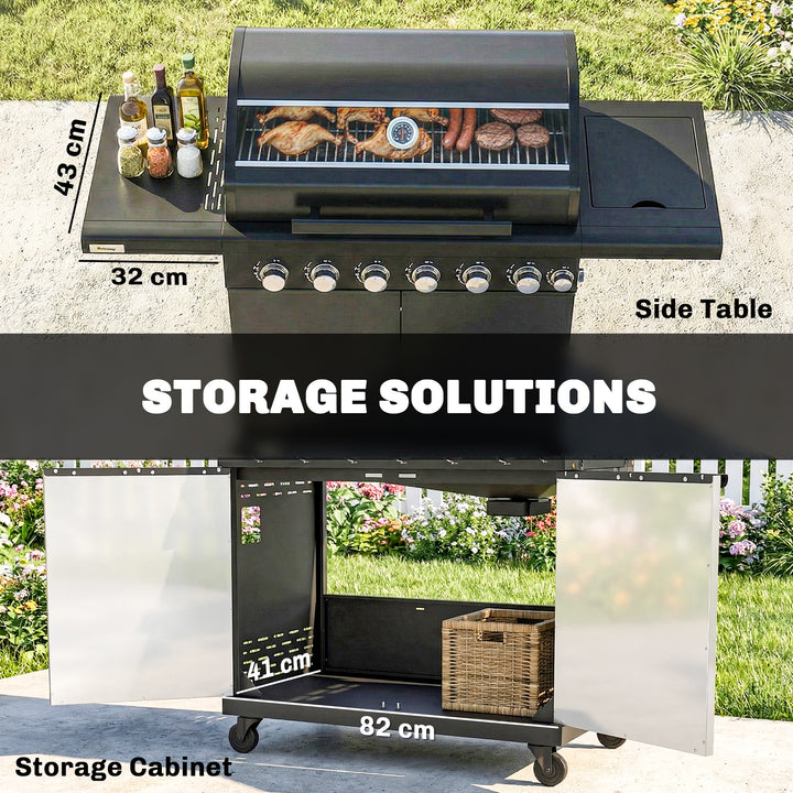 6+1 Burner Gas BBQ Grill, Outdoor Barbecue Trolley with Wheels, Warmin