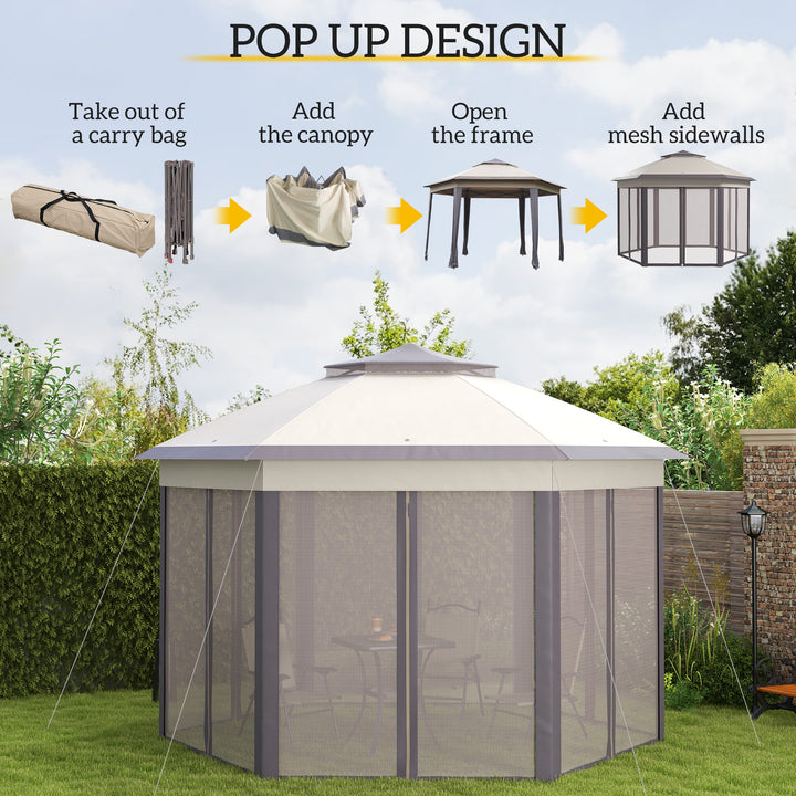 Outsunny Hexagon Patio Gazebo Pop Up Gazebo Outdoor Double Roof Instant Shelter with Netting, 4m x 4m, Beige