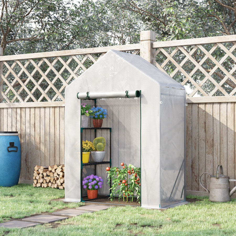 Walk In Greenhouse with 2 Tier Shelf, Portable Gardening Plant Grow House Tomato Greenhouse with Roll up Zip Panel Door, Reinforced PE Cover, 143 x 73 x 195cm, Green