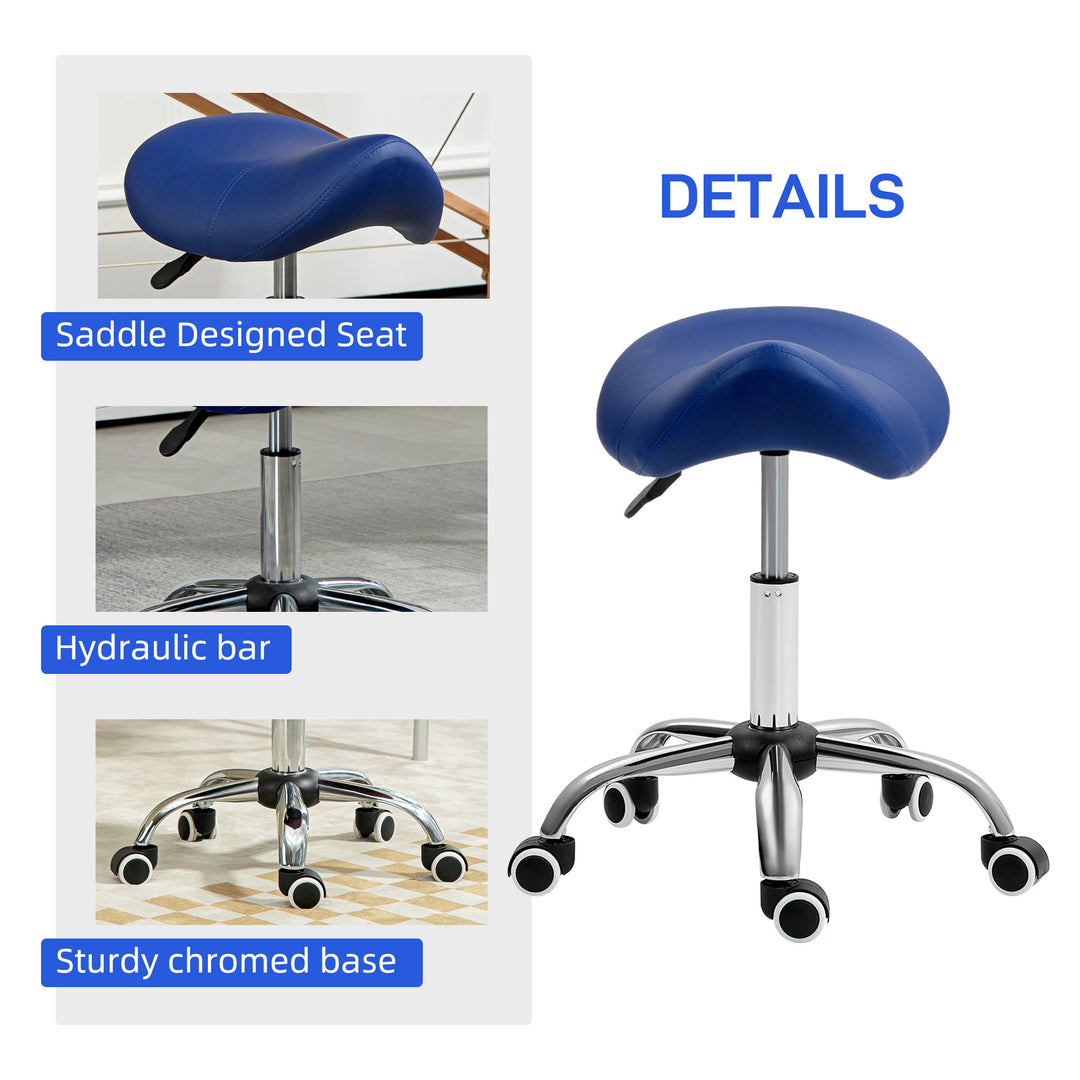Saddle Stool, Height Adjustable Salon Chair for Massage Spa, Faux Leather, Dark Blue
