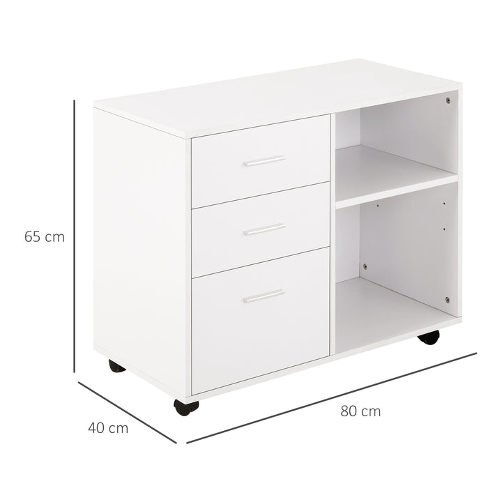 HOMCOM Mobile Printer Stand with Wheels, Office Desk Side Storage Unit, 3 Drawers 2 Shelves, 80L x 40W x 65H cm, White | Aosom UK