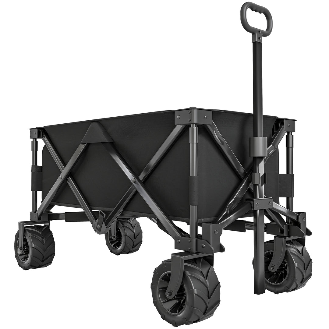 MCL Outdoor Folding Garden Trolley on Wheels, Capming Cargo Wagon Cart Trailer w/ Handle, Wheels for Beach Garden, Black