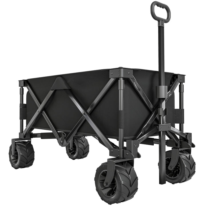 MCL Outdoor Folding Garden Trolley on Wheels, Capming Cargo Wagon Cart Trailer w/ Handle, Wheels for Beach Garden, Black