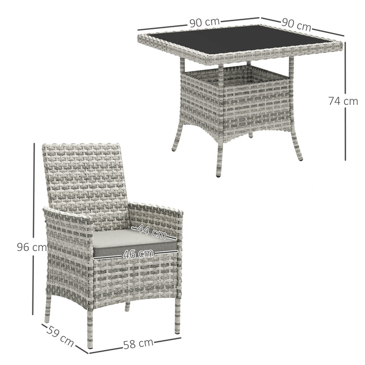 Rattan Garden Furniture Set, Outdoor Dining Table and Chairs 4 Seater with Cushions, Square Tempered Glass Top, 4 Armchairs, for Balcony, Terrace, Conservatory, Mixed-Grey