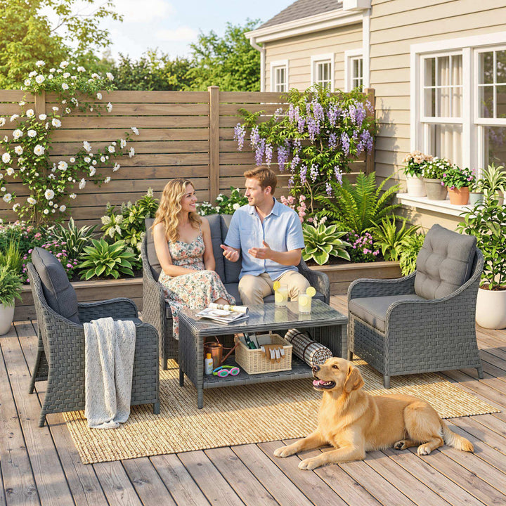 4-Piece Wicker Patio Furniture Set with 2 Armchairs, Loveseat, Glass C