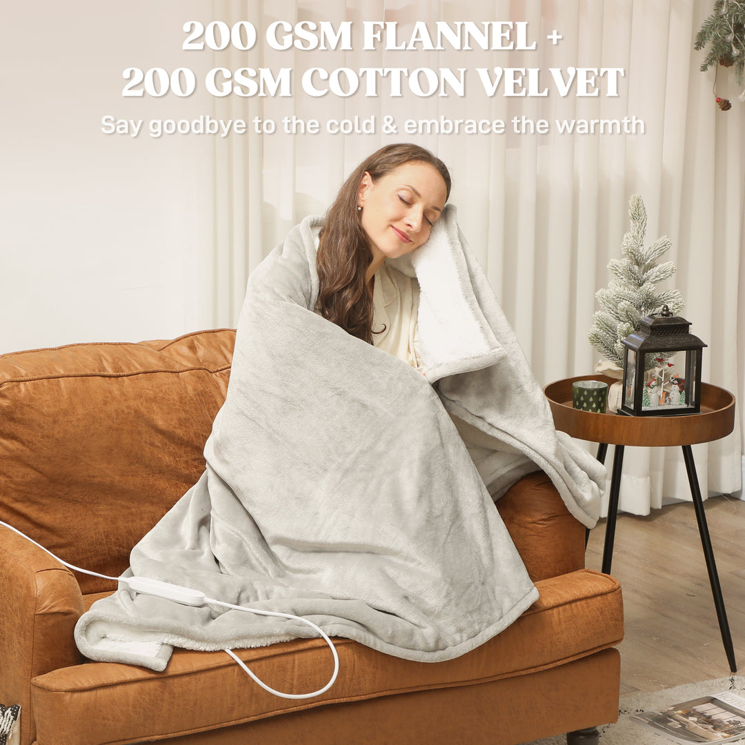 MCL Heated Blanket 180 x 130cm, Electric Throw Blanket with 10 Heat Levels and 10H Timer, Machine Washable Flannel and Cotton Velvet with Overheat Protection, Grey