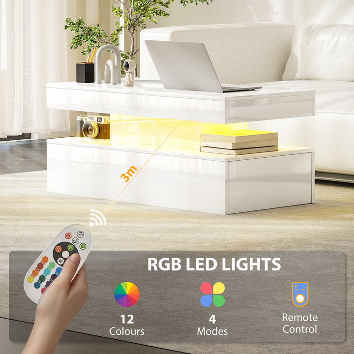LED Coffee Table with Storage - High Gloss White