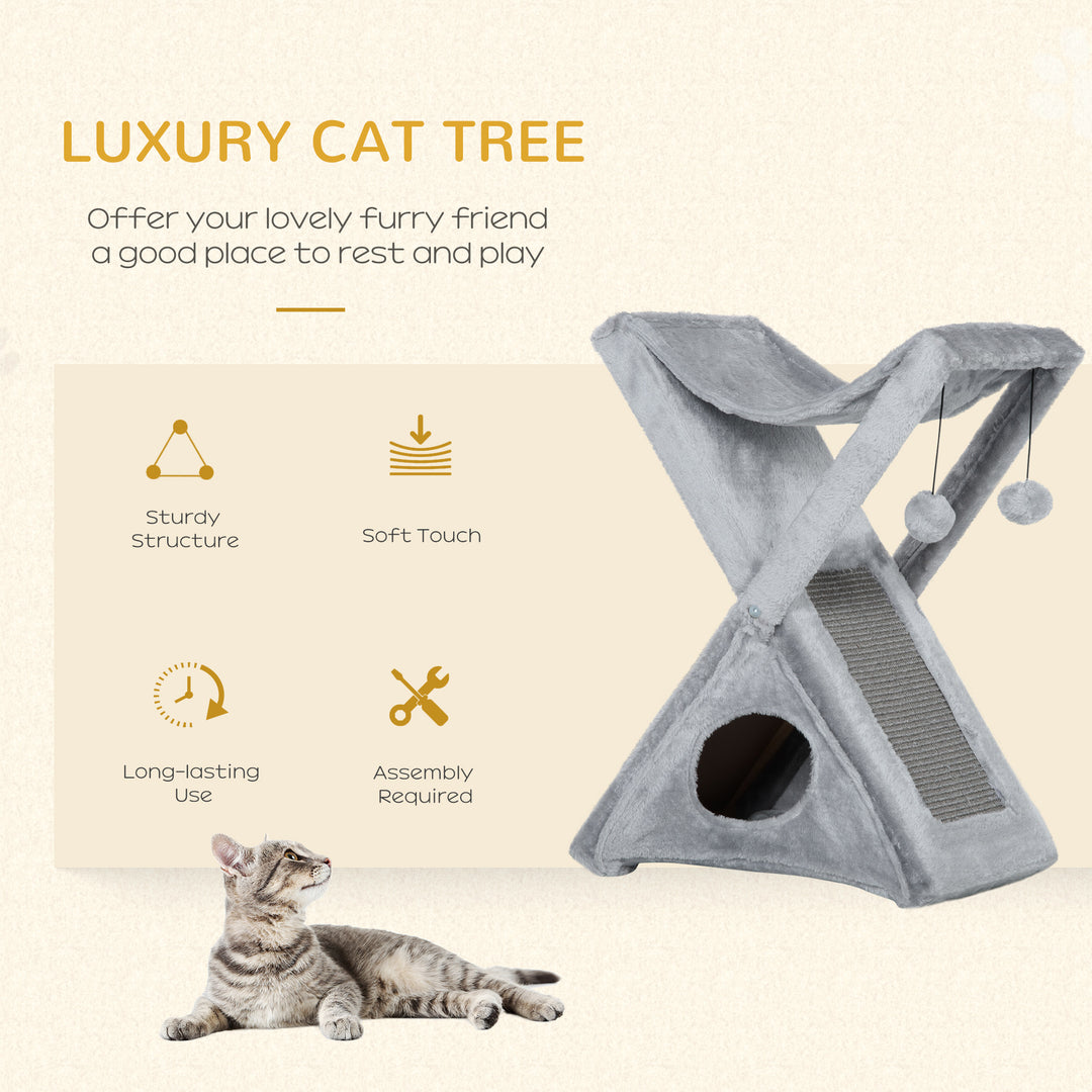 Two Tier Cat Tree for Indoor Cats Play Rest Activity Tower Plush Folding Relax Center w/ Scratching Post Hammock Pom Poms Grey