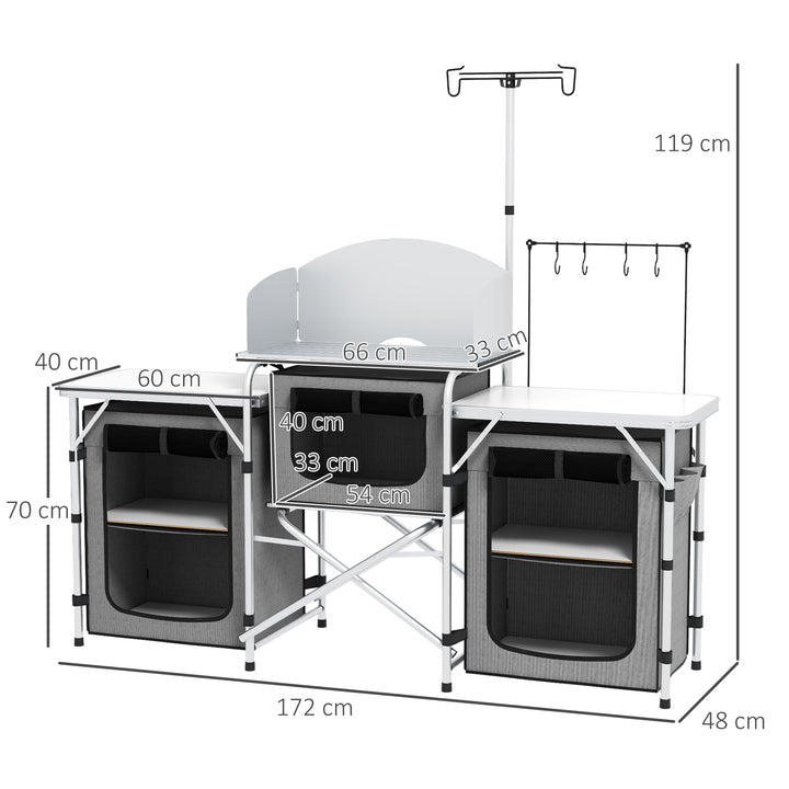 Outsunny Compact Camping Kitchen, Aluminium Portable Outdoor Cooking Station with Windshield, Storage Cupboards & Carry Bag for BBQ, Silver