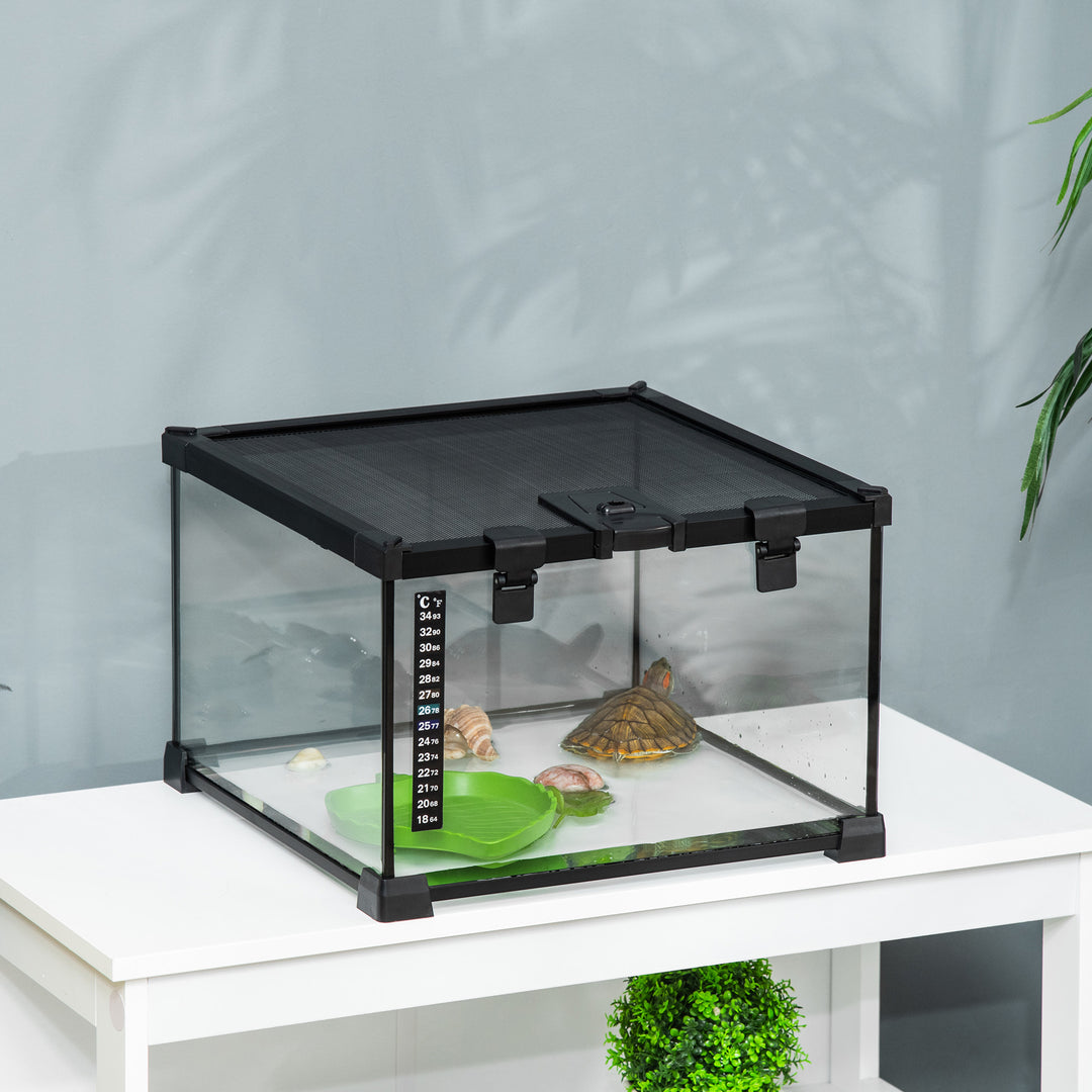 Glass Reptile Terrarium Insect Breeding Tank Vivarium Habitats with Thermometer for Lizards, Horned Frogs, Snakes, Spiders - Small 30 x 30 x 20cm