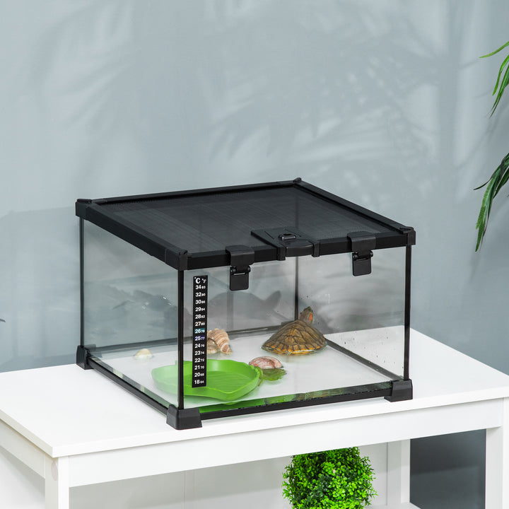 Glass Reptile Terrarium Insect Breeding Tank Vivarium Habitats with Thermometer for Lizards, Horned Frogs, Snakes, Spiders - Small 30 x 30 x 20cm
