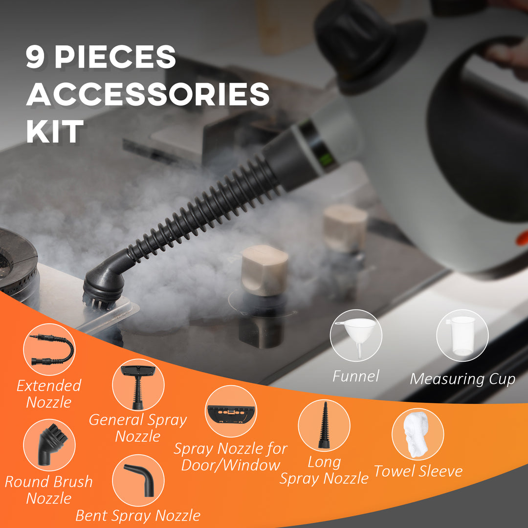 Handheld Steam Cleaner for Chemical Free Cleaning, Portable Multi-purpose Steamer with 9 Pieces Accessory for Kitchen, Bathroom, Window, Car Seat, Carpet, Sofa, 1050W, 350ML Tank, Grey