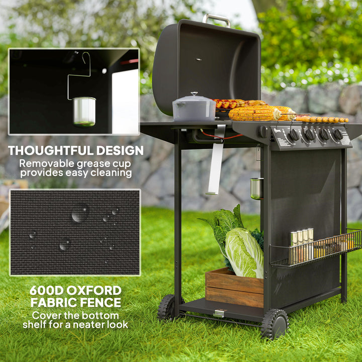 4+1 Burner Gas BBQ Grill, Portable Gas Barbecue Grill with Built-in Thermometer, Lid, Side Table, Shelf, Spice Rack, Wheels, Grease Cup for Garden Party Outdoor Cooking, Black
