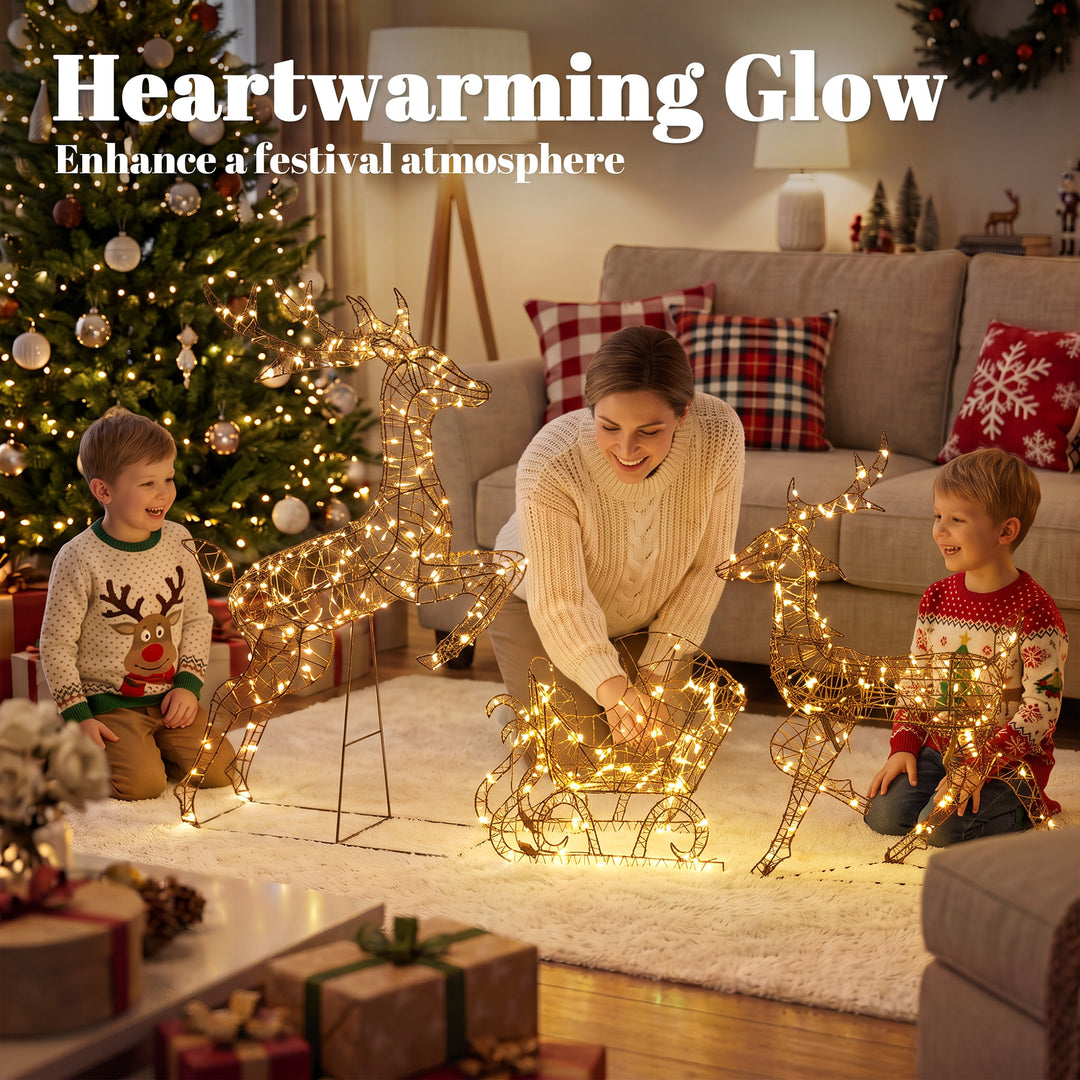 3-Piece Lighted Reindeer and Sleigh Set, PP Rattan Outdoor Christmas - view 4