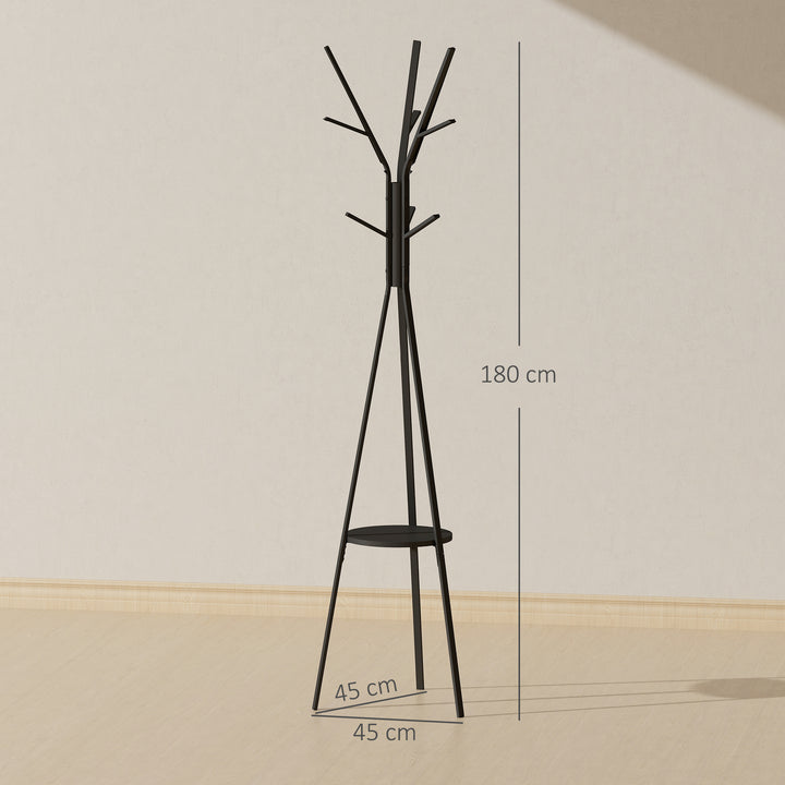 MCL Freestanding Metal Coat Rack Stand 9 Hooks Clothes Tree with 1 Shelf Hat Display Hall Tree Hanger Bag Umbrella Hanging Organiser Black