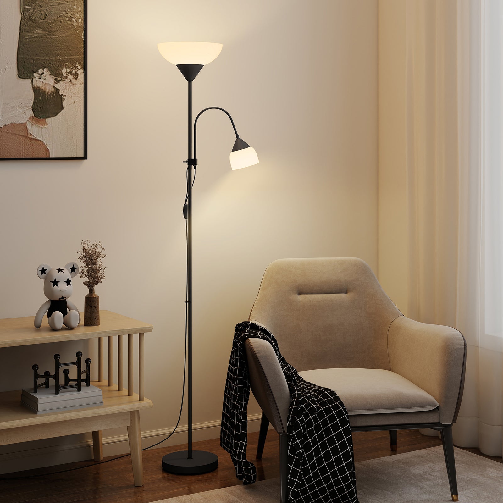 HOMCOM LED Floor Lamp for Living Room, 180cm Tall Standing Lamp, Mother and Child Uplighter with Adjustable Gooseneck, Black