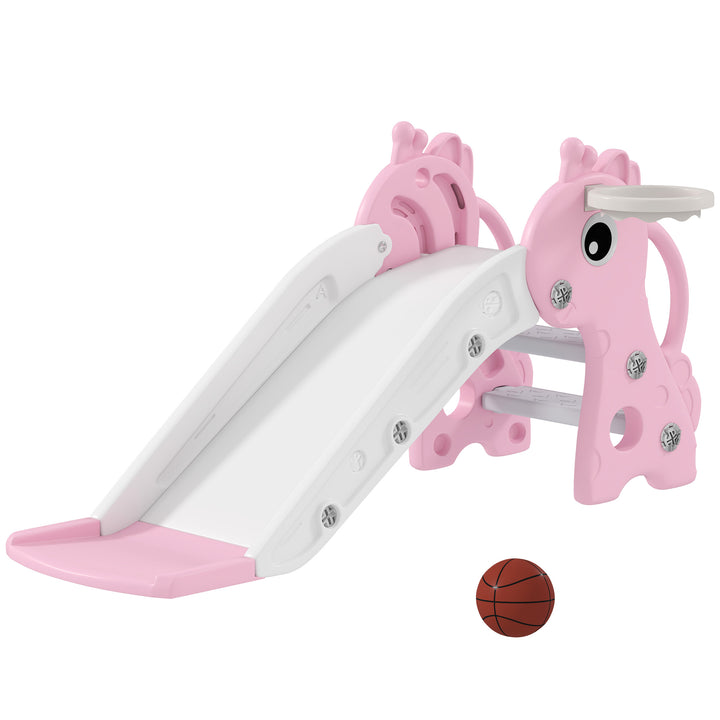 3 in 1 Kids Slide with Climber, Basketball Hoop and Ball, Giraffe Shap