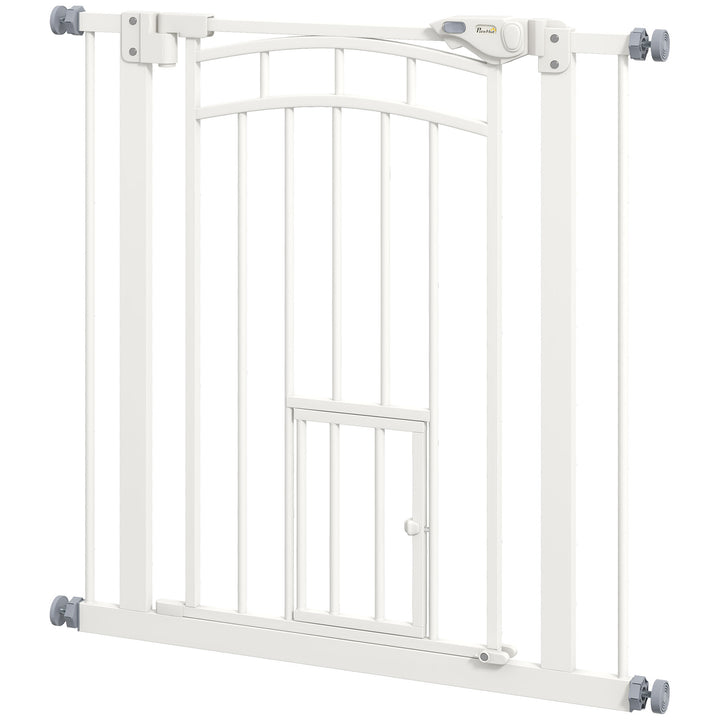 PawHut Safety Pet Gate, Pressure Fit Stair Gate with Cat Door, Auto Close, Double Lock, 74-80cm, White | Aosom UK