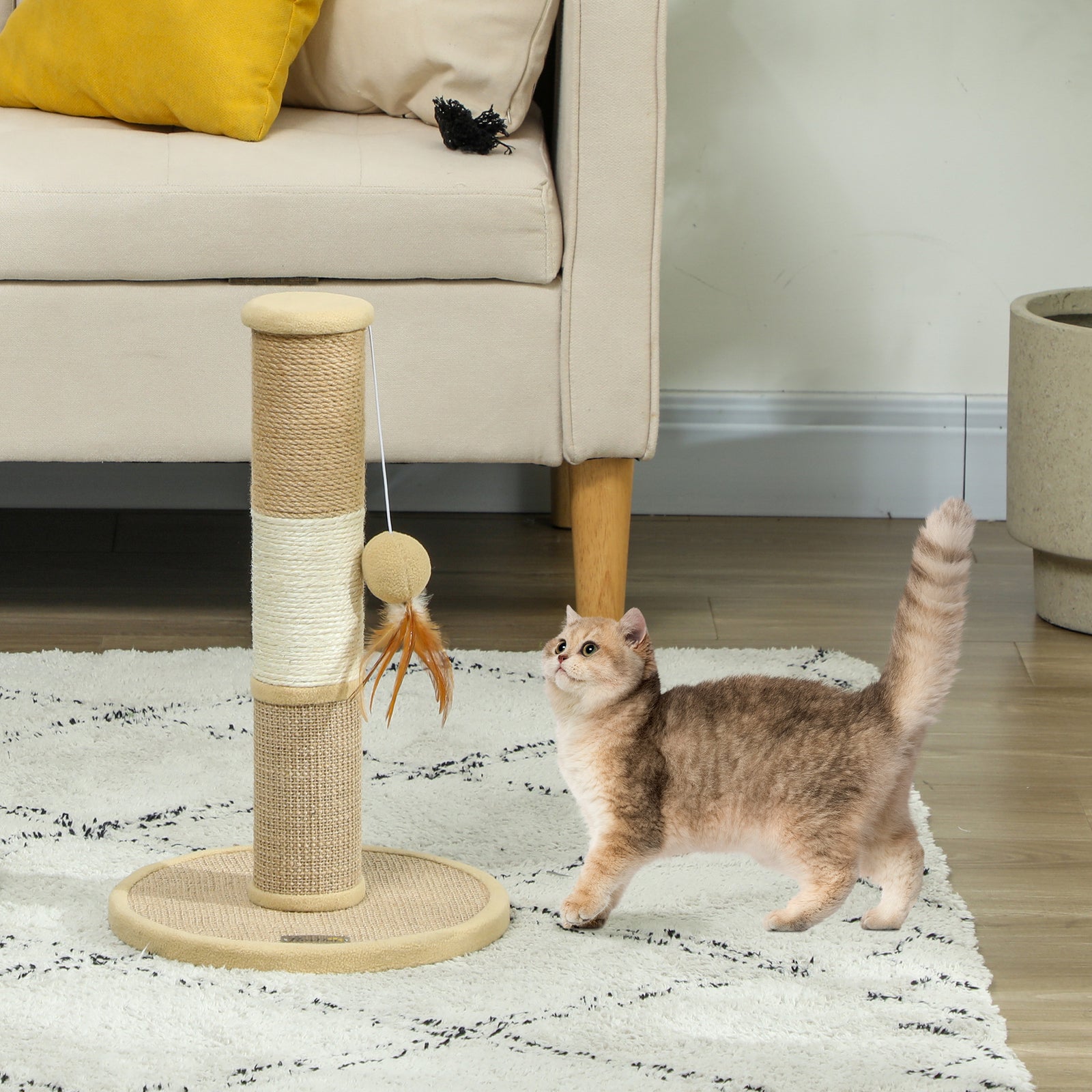 Cat Scratching Post for Indoor Cats, 47cm Tall Cat Scratcher with Jute Sisal Rope, Hanging Toy Ball, Feather, Brown