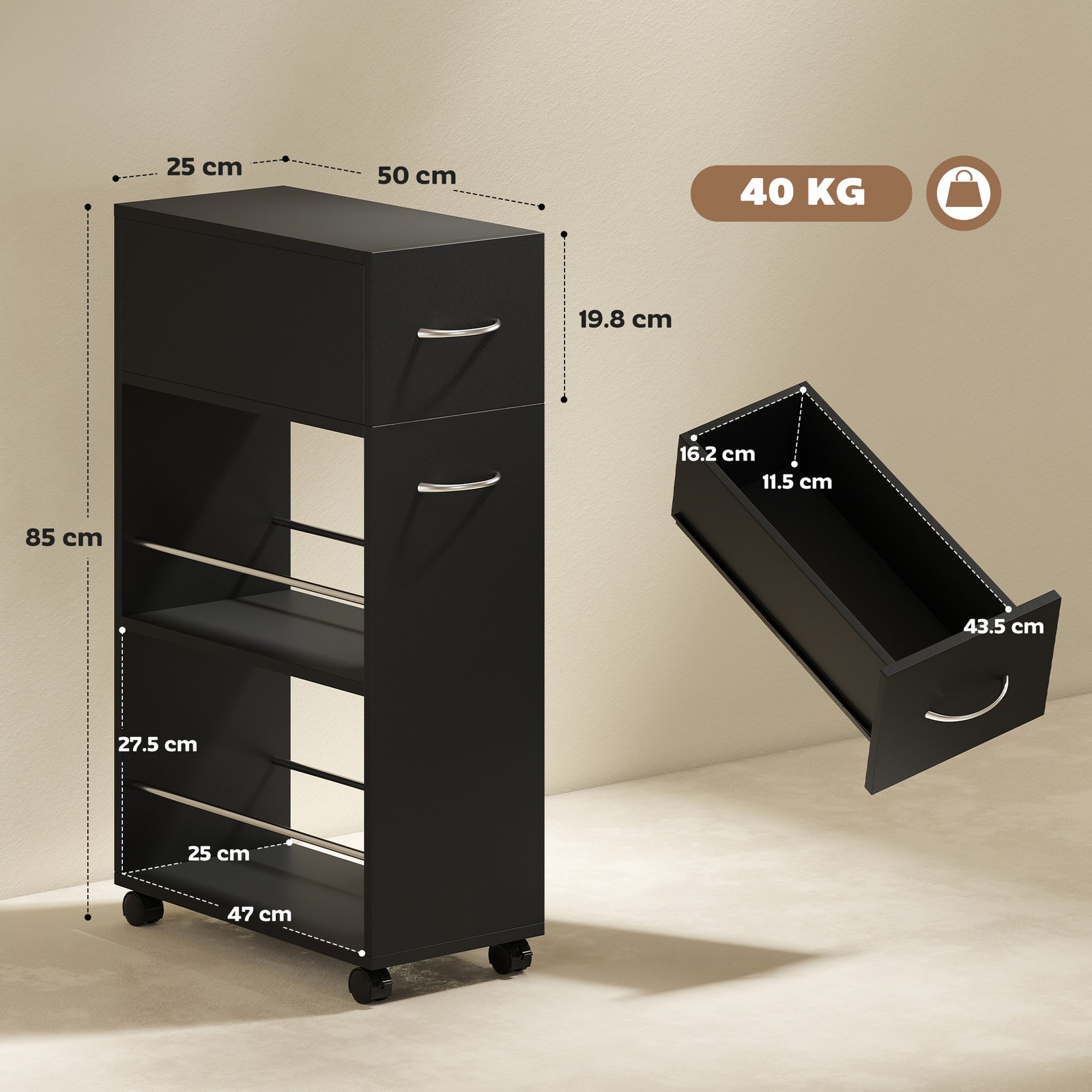 Rolling Storage Unit, 3-Tier Kitchen Cart Trolley with Drawer, Surface