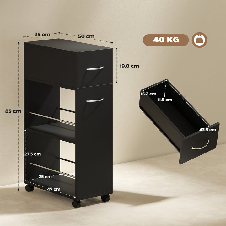 Rolling Storage Unit, 3-Tier Kitchen Cart Trolley with Drawer, Surface