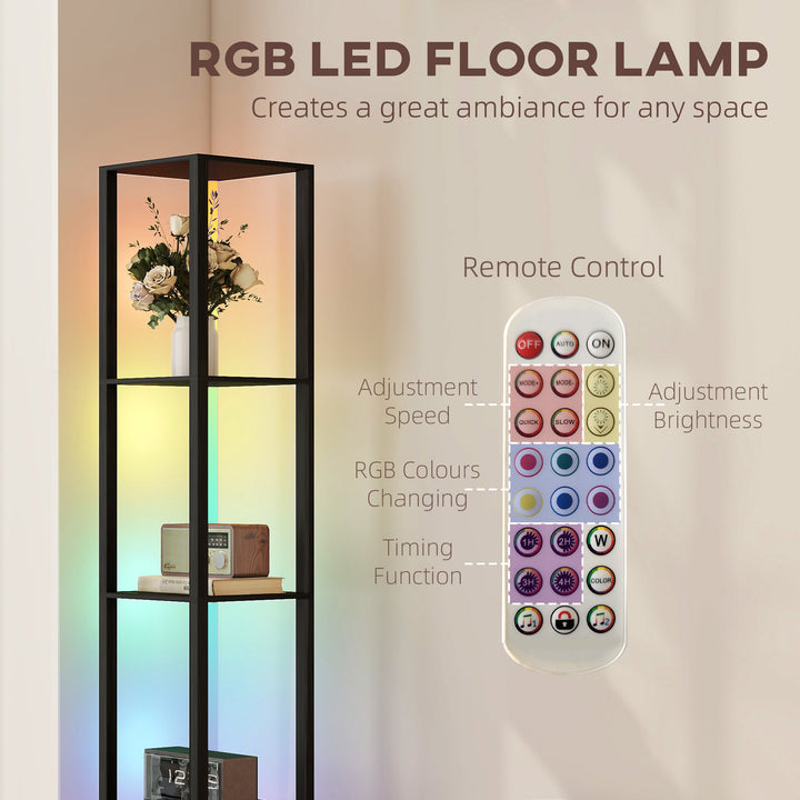 RGB LED Floor Lamp with Shelves, Modern Dimmable Standing Lamp with Remote Control, Adjustable Brightness & Speed for Living Room, Bedroom, Office, Black