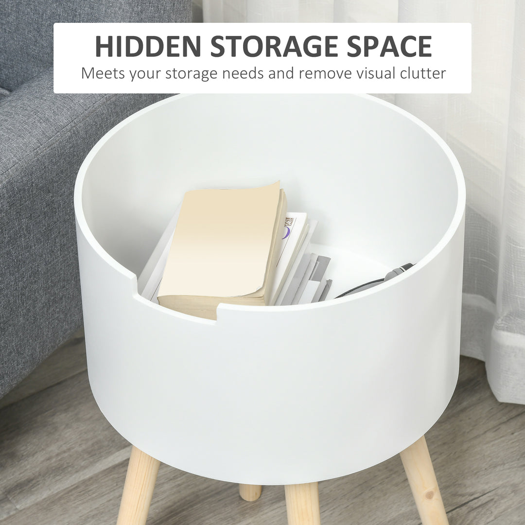 Modern Side Table with Hidden Storage Space, Round Night Stand with Removable Tray Wood Frame End Coffee Table for Living Room, Set of 2, White