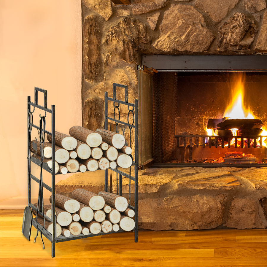 Metal Firewood Log Holder 2 Tier Firewood Rack Indoor Outdoor Fireplace Wood Storage Shelf with 4 Tools, Hooks, Elk Shape Design, Black Gold Tone, 51.5W x 33D x 77H cm