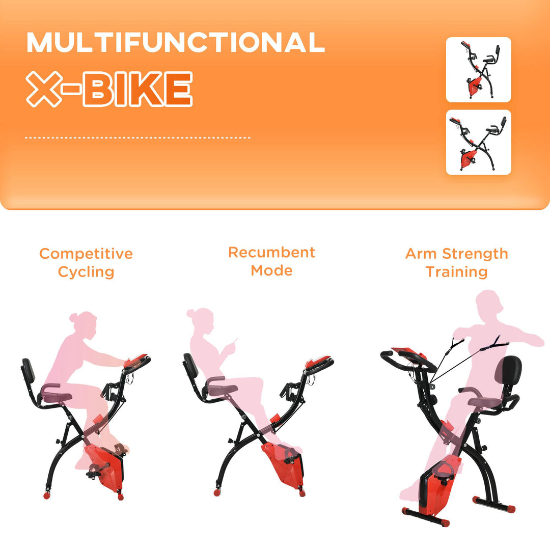 2-in-1 Folding Exercise Bike with 8-Level Magnetic Resistance, Arm Resistance Band, Pulse Sensor, Red