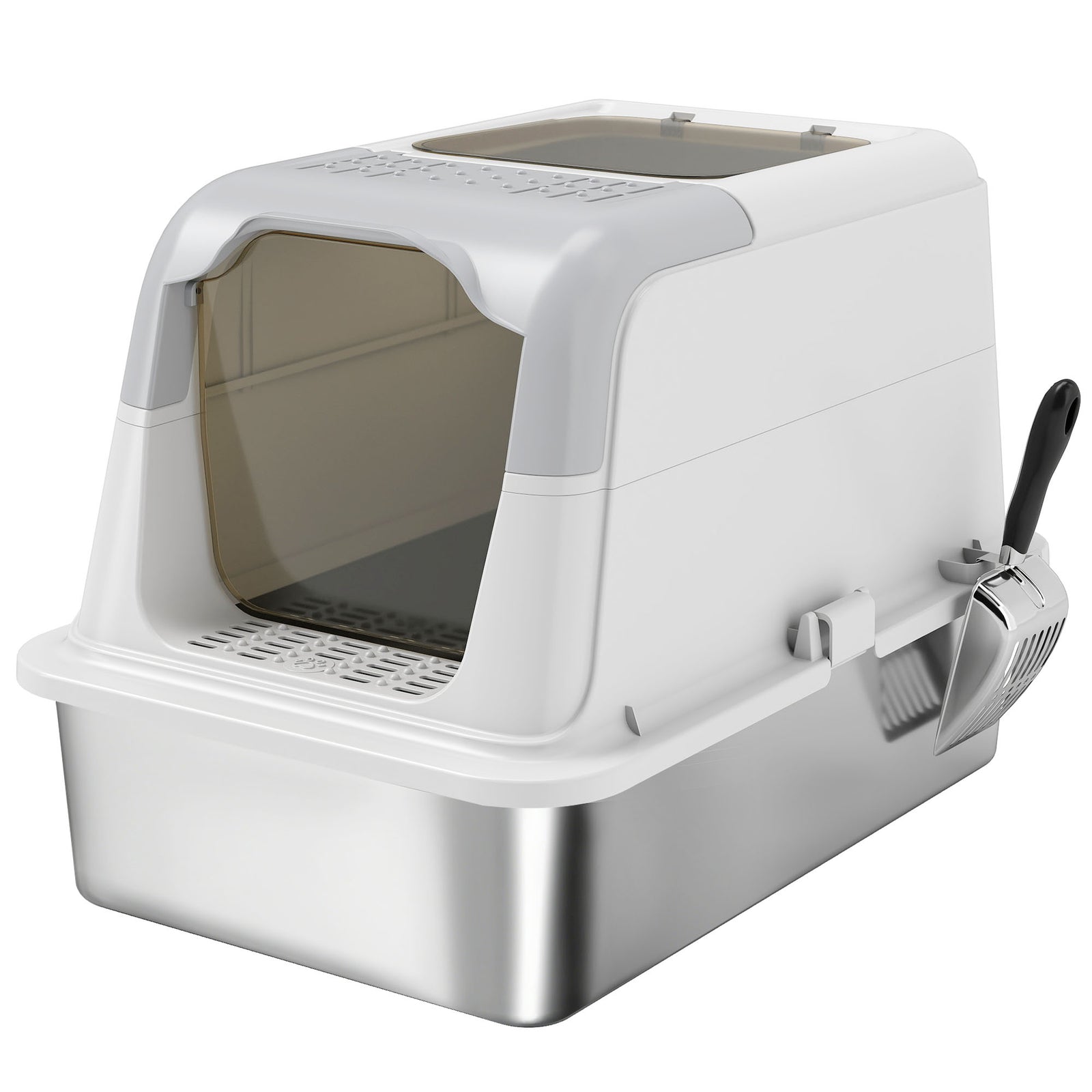 Extra Large Stainless Steel Litter Box, Enclosed Cat Litter Tray with Scoop, Deodorizer Bag, Front-Entry and Top-Exit