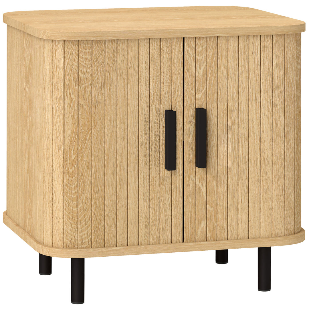 Bedside Table, Nordic Side Table with Roller Shutter Style Sliding Doors and Metal Legs for Bedroom, Living Room, Oak Tone