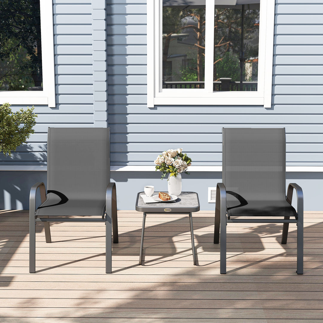 3 Pieces Outdoor Bistro Set, Patio Stackable Armchairs with Breathable Mesh Fabric and SPC Board Coffee Table, Black
