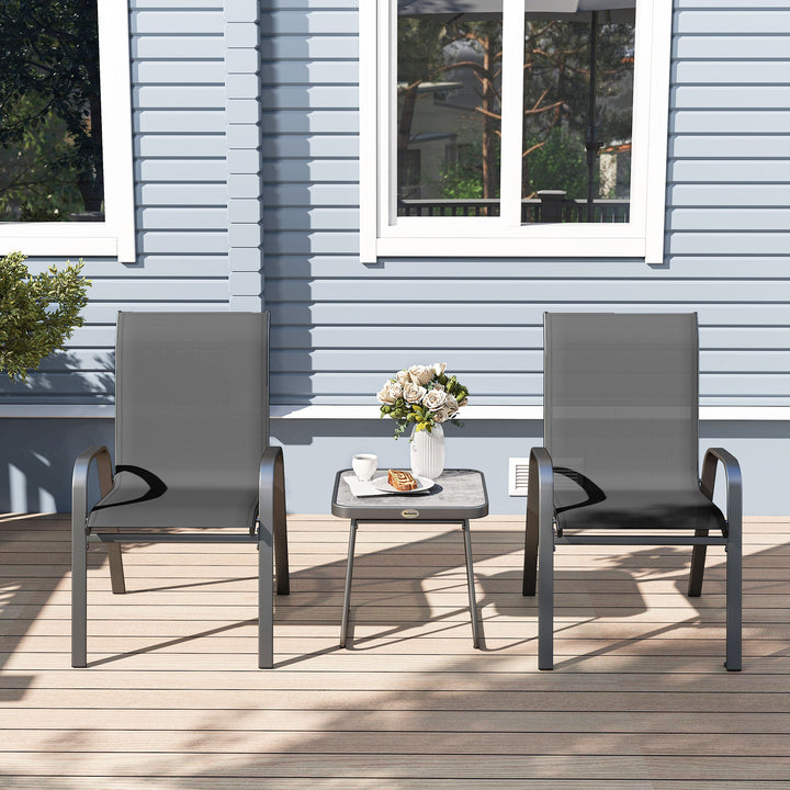 3 Pieces Outdoor Bistro Set, Patio Stackable Armchairs with Breathable Mesh Fabric and SPC Board Coffee Table, Black