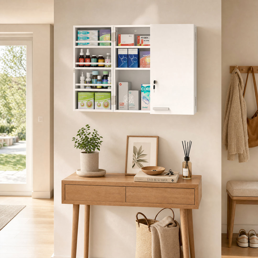 Wall Mount Medicine Cabinet with Key Lock, 3 Tier First Aid Cabinet wi